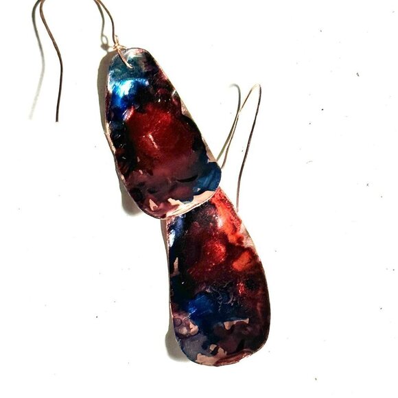 Festive Blue Red Copper Embossed Earrings Handmade Textured Painted Rustic Boho - Picture 10 of 11